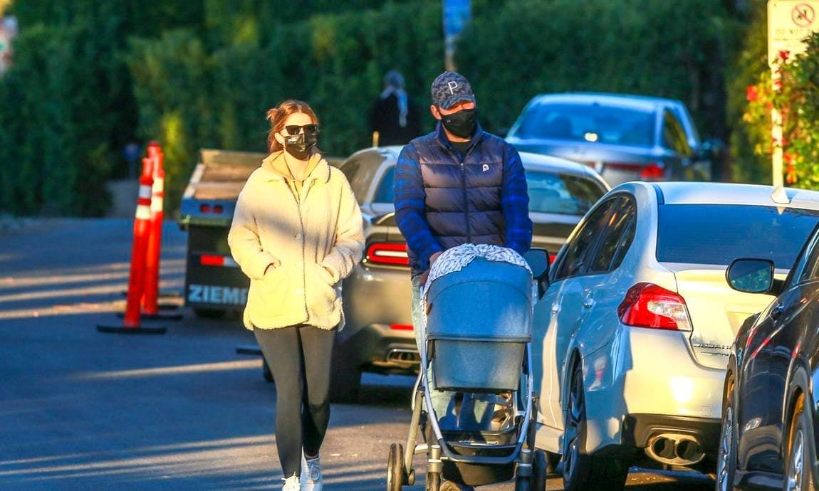 Chris Pratt and Katherine Schwarzenegger stroll with baby