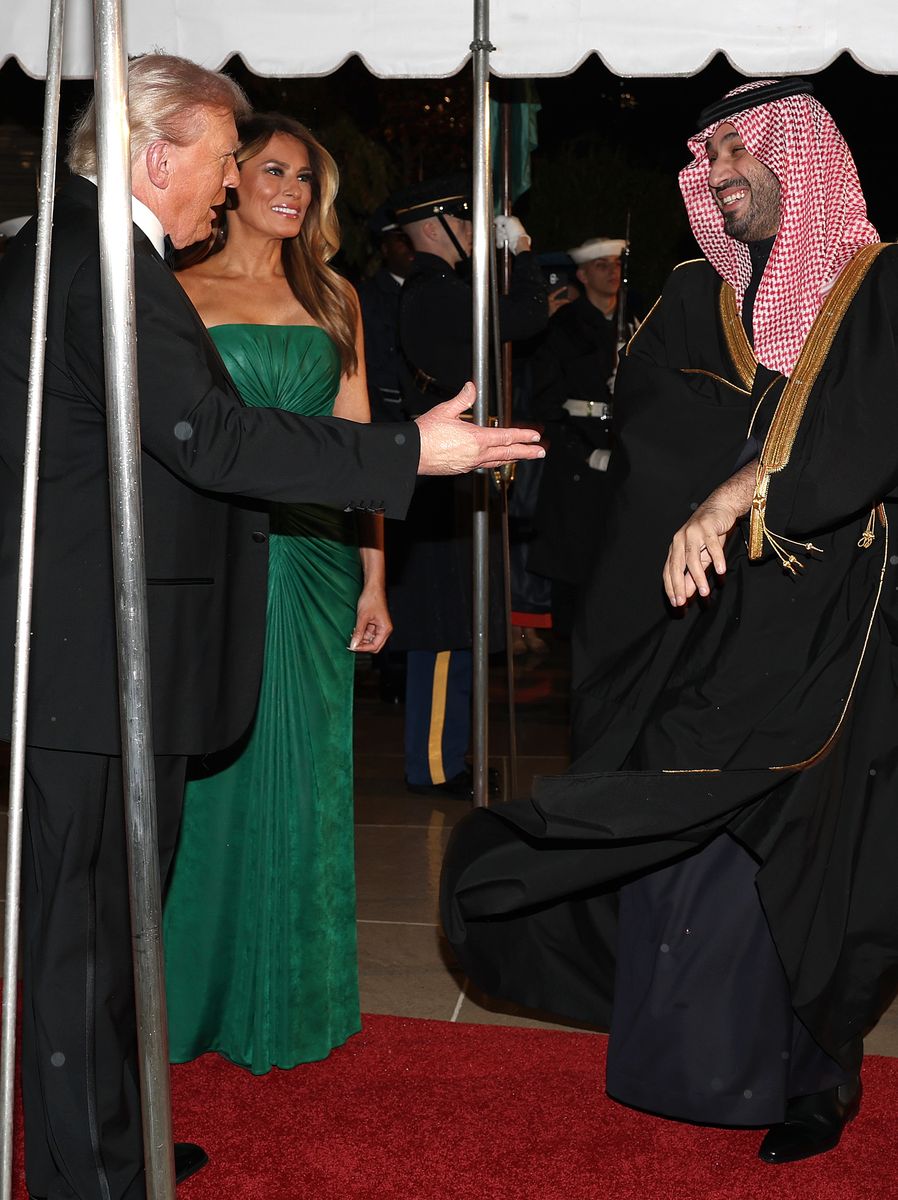 President Donald Trump and first lady Melania Trump greet Crown Prince and Prime Minister Mohammed bin Salman of Saudi Arabia at the White House 