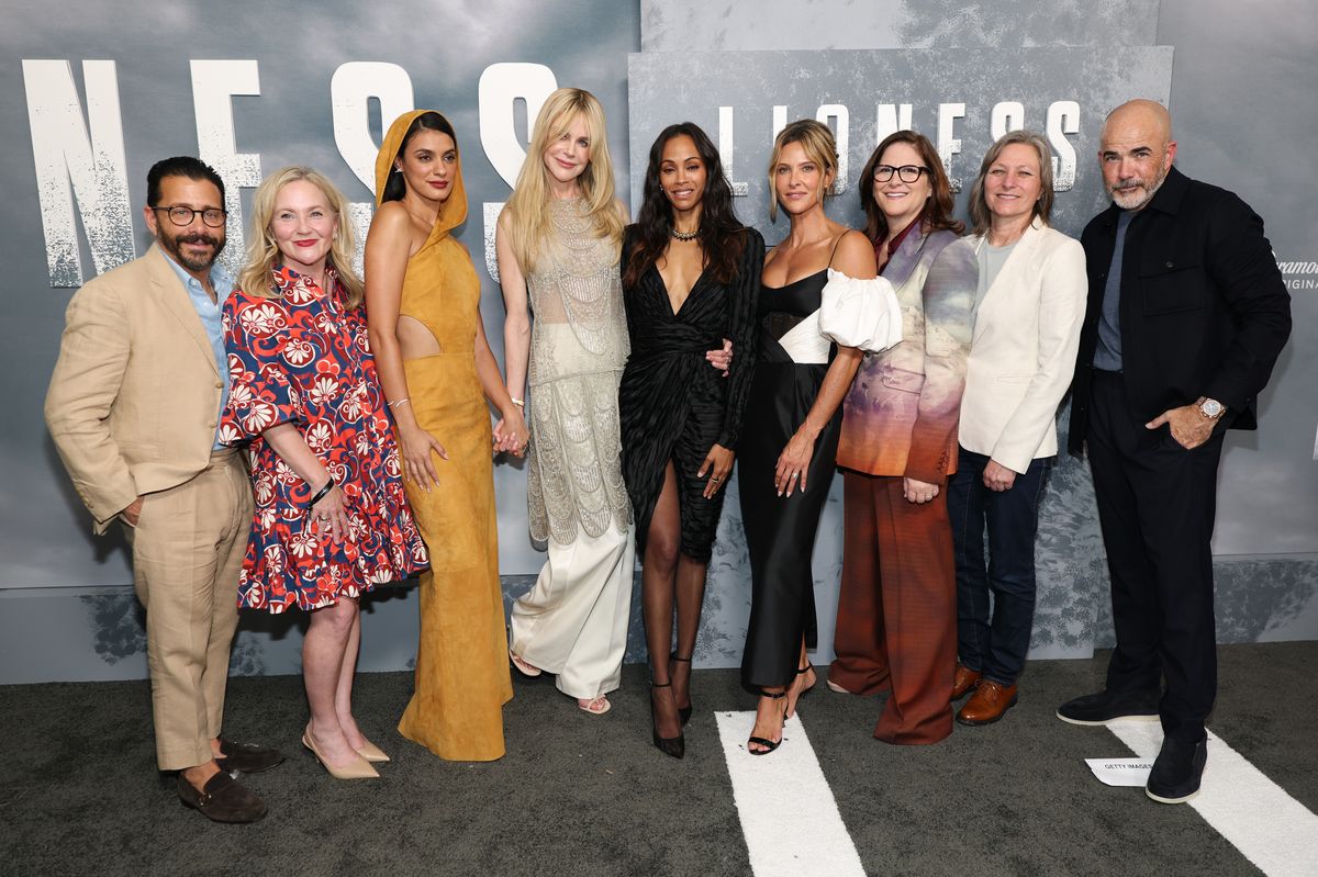 (L-R) David Glasser, Jane Wiseman, Laysla De Oliveira, Nicole Kidman, Zoe Saldaña, Jill Wagner, Dana Goldberg, Cindy Holland and Michael Friedman at the "Lioness" Season 3 New York Premiere