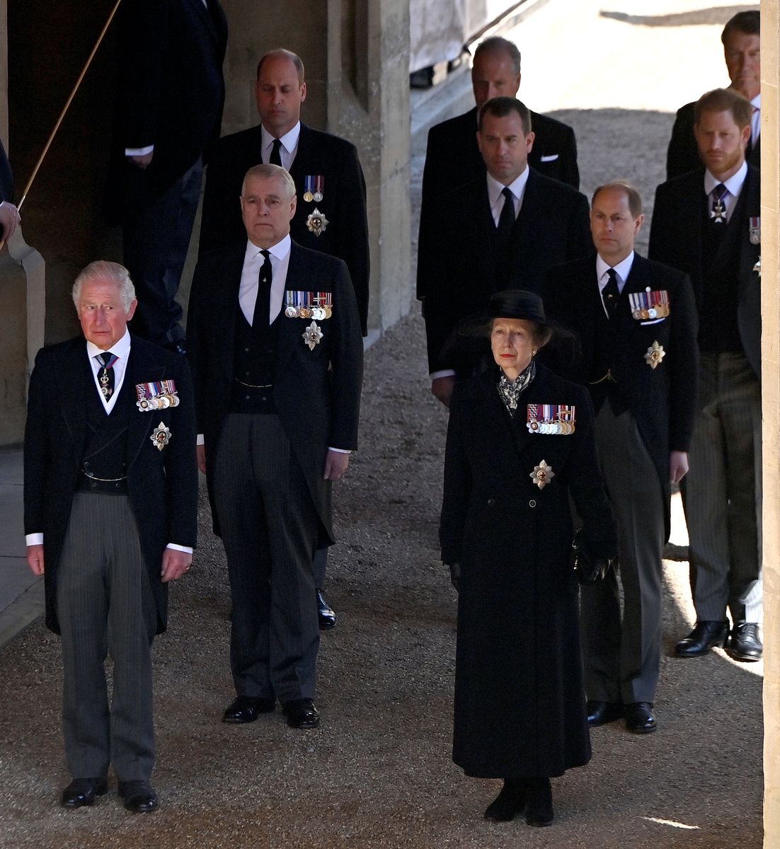 Prince Charles, Prince of Wales, Princess Anne, Princess Royal, Prince Andrew, Duke of York, Prince Edward, Earl of Wessex, Prince William, Duke of Cambridge, Peter Phillips and Prince Harry, Duke of Sussex