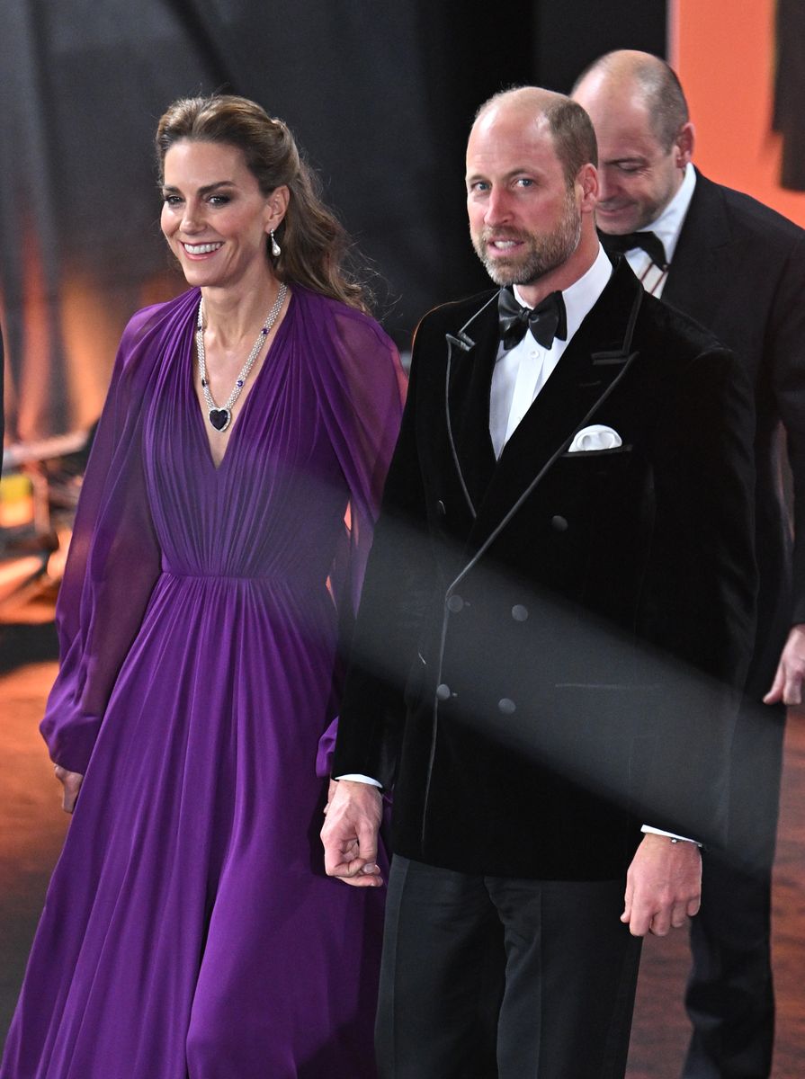 Princess Kate made a glamorous entrance in a flowing purple Jenny Packham gown, pairing the jewel-toned look with a historic necklace from the royal collection.