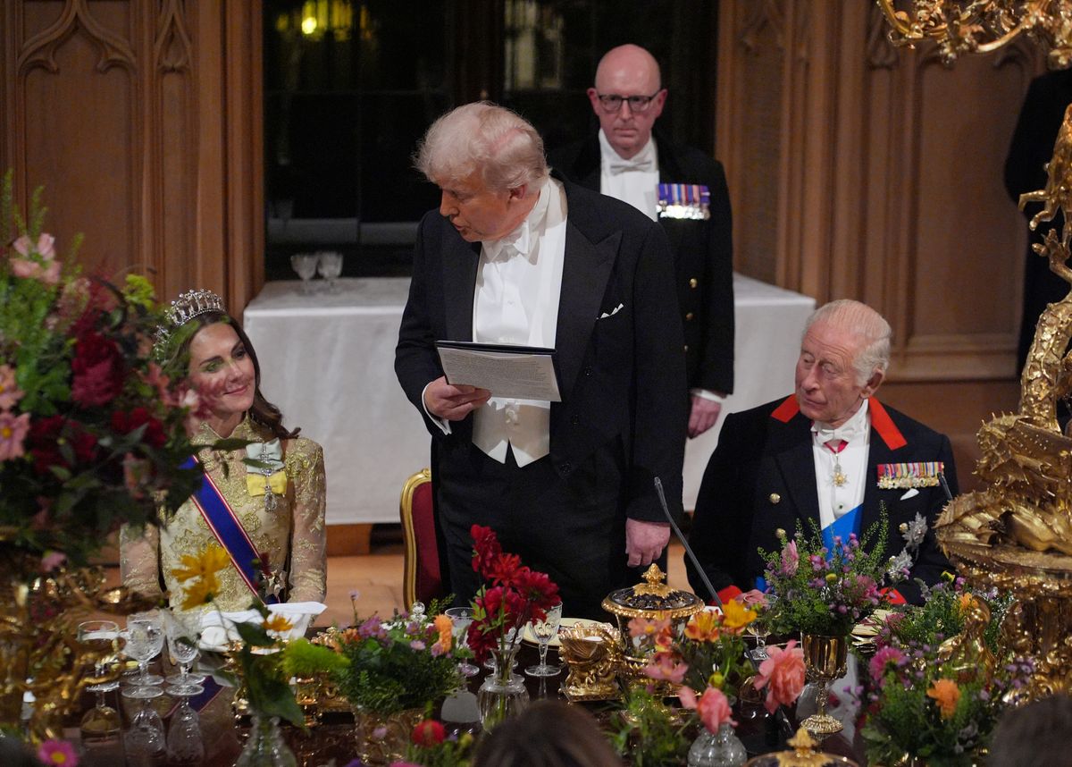 WINDSOR, ENGLAND - SEPTEMBER 17: US President Donald Trump speaks to Catherine, Princess of Wales as he delivers his speech as King Charles III listens during the State Banquet at Windsor Castle for the State visit by the President of the United States of America on September 17, 2025 in Windsor, England. President Trump is in England from Sept. 16-18 on his second UK state visit, with the previous one taking place in 2019 during his first presidential term. (Photo by Yui Mok - WPA Pool/Getty Images)