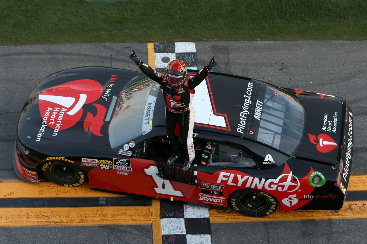 Michael Annett, driver of the #1 Pilot Flying J/American Heart Association Chevrolet, celebrates after winning the NASCAR Xfinity in 2019