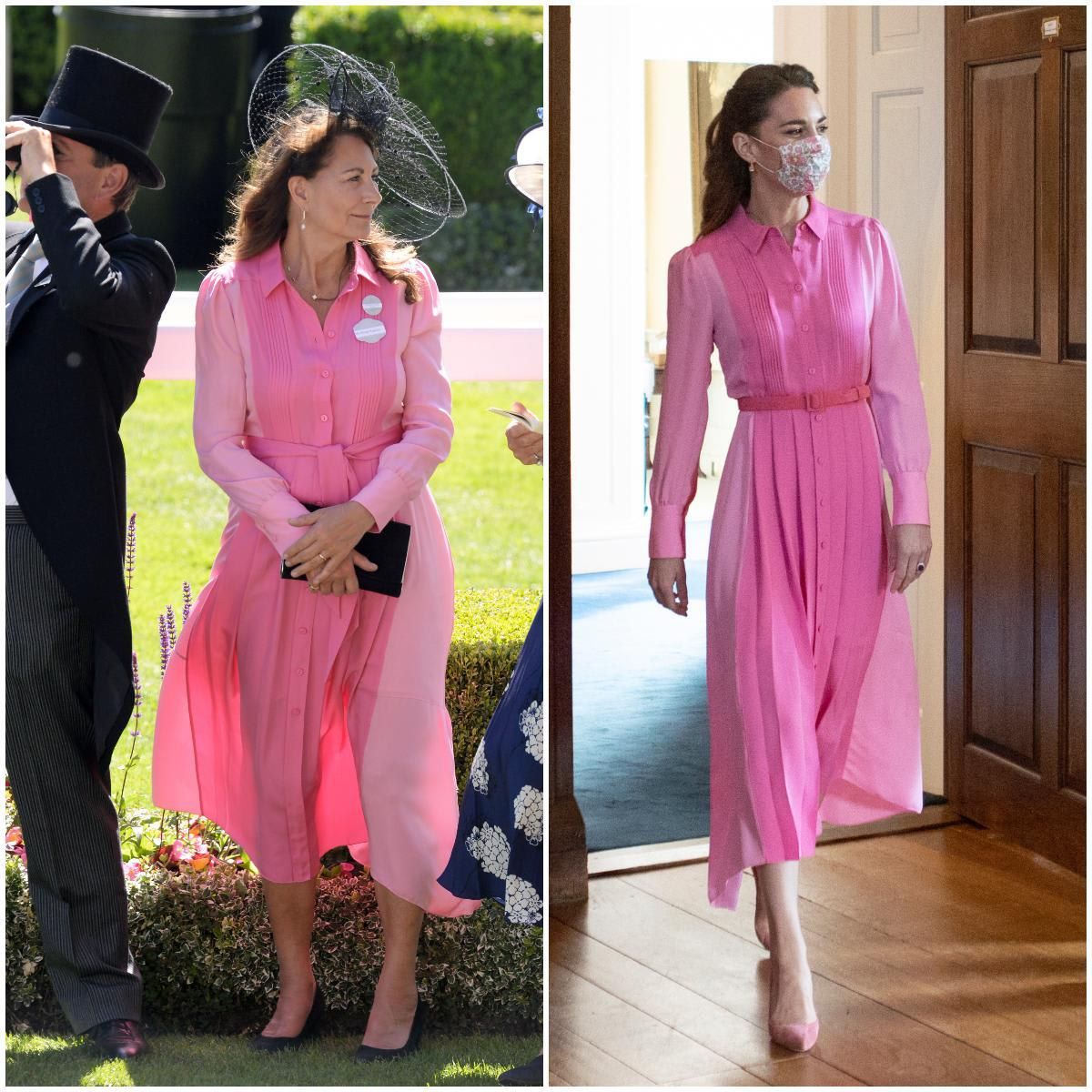 Carole Middleton appeared to be wearing the same color block silk shirt dress that the Duchess of Cambridge has previously worn