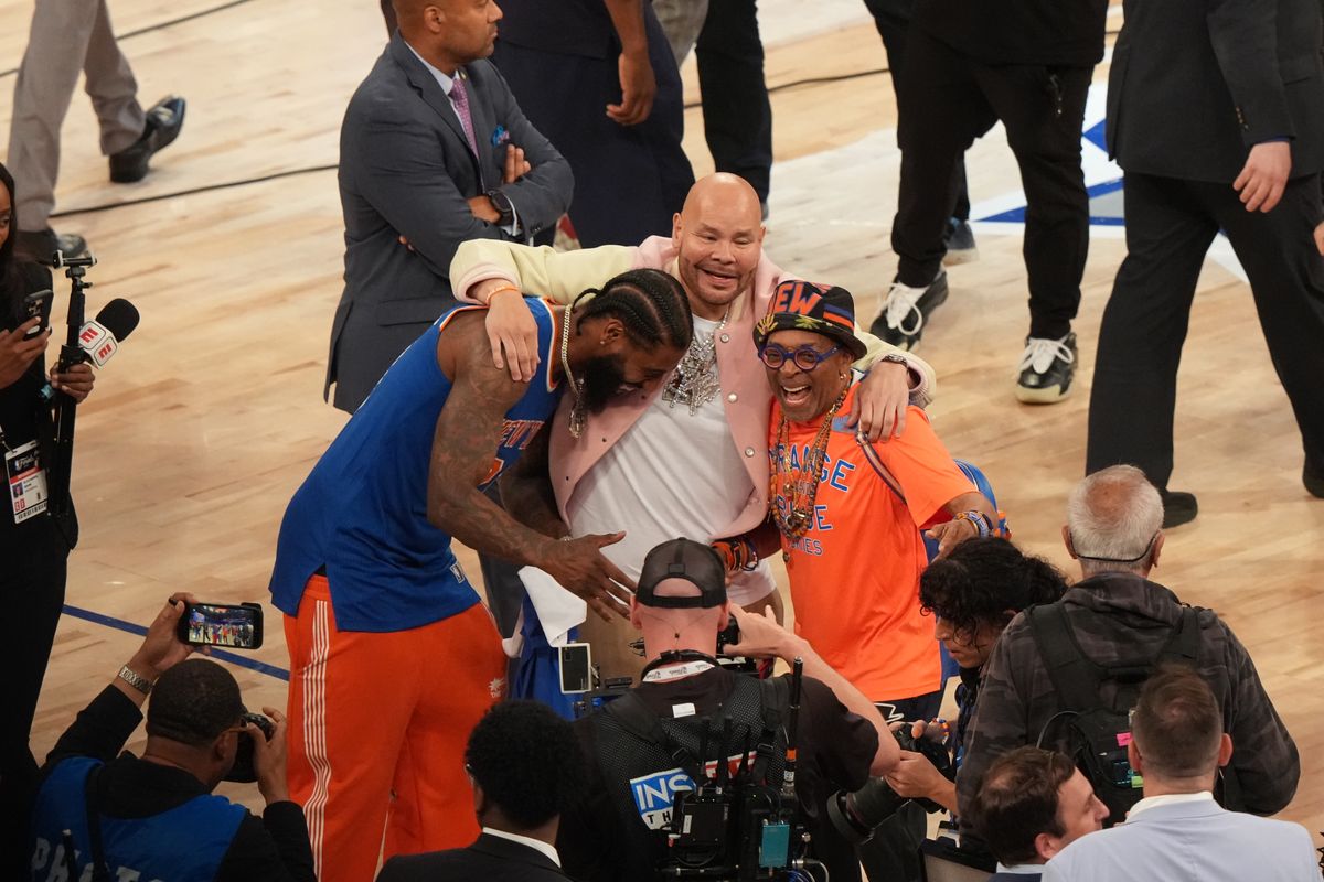 Spike Lee and Fat Joe celebrate following a New York Knicks victory vs San Antonio Spurs at Madison Square Garden. Game 4.
