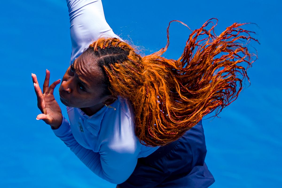 Coco Gauff of the United States serves during a practice session ahead of the 2026 Australian Open