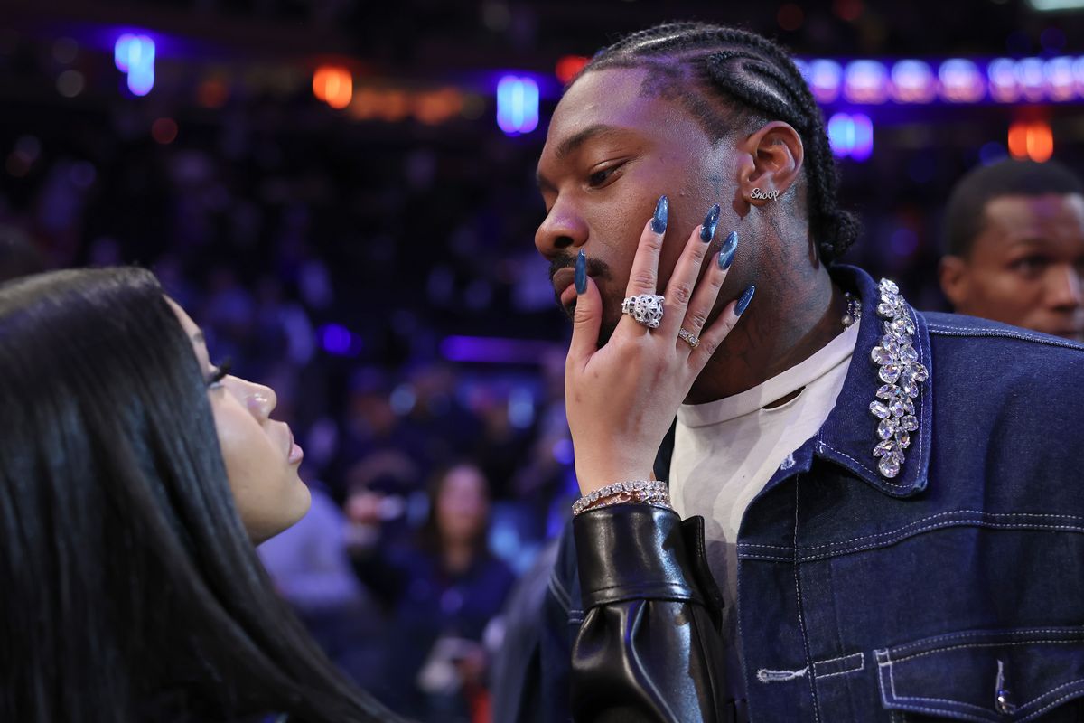 NFL Player Stefon Diggs (R) and rapper Cardi B (L) celebrate after Game Four of the Eastern Conference Second Round NBA Playoffs between the Boston Celtics and the New York Knicks at Madison Square Garden on May 12, 2025 in New York City. NOTE TO USER: User expressly acknowledges and agrees that, by downloading and or using this photograph, User is consenting to the terms and conditions of the Getty Images License Agreement. (Photo by Elsa/Getty Images)