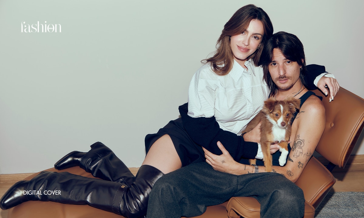 Danny Ocean and Mar Bonnelly pose with their pet Kelo, in a total Fendi look