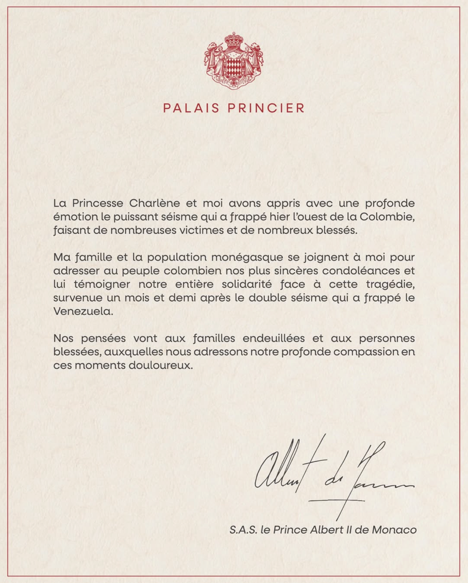 Prince Albert expressed Monaco's "complete solidarity" with the Colombian people.