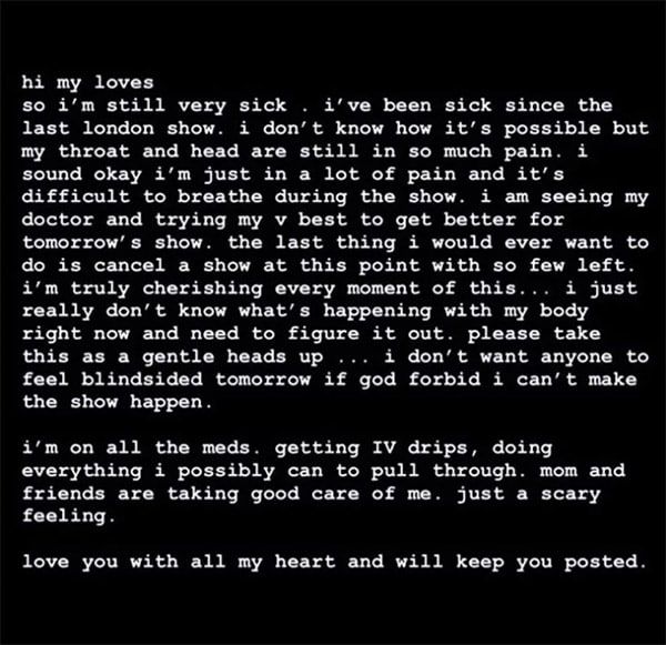 Ariana Grande gave fans a concerning update on her health