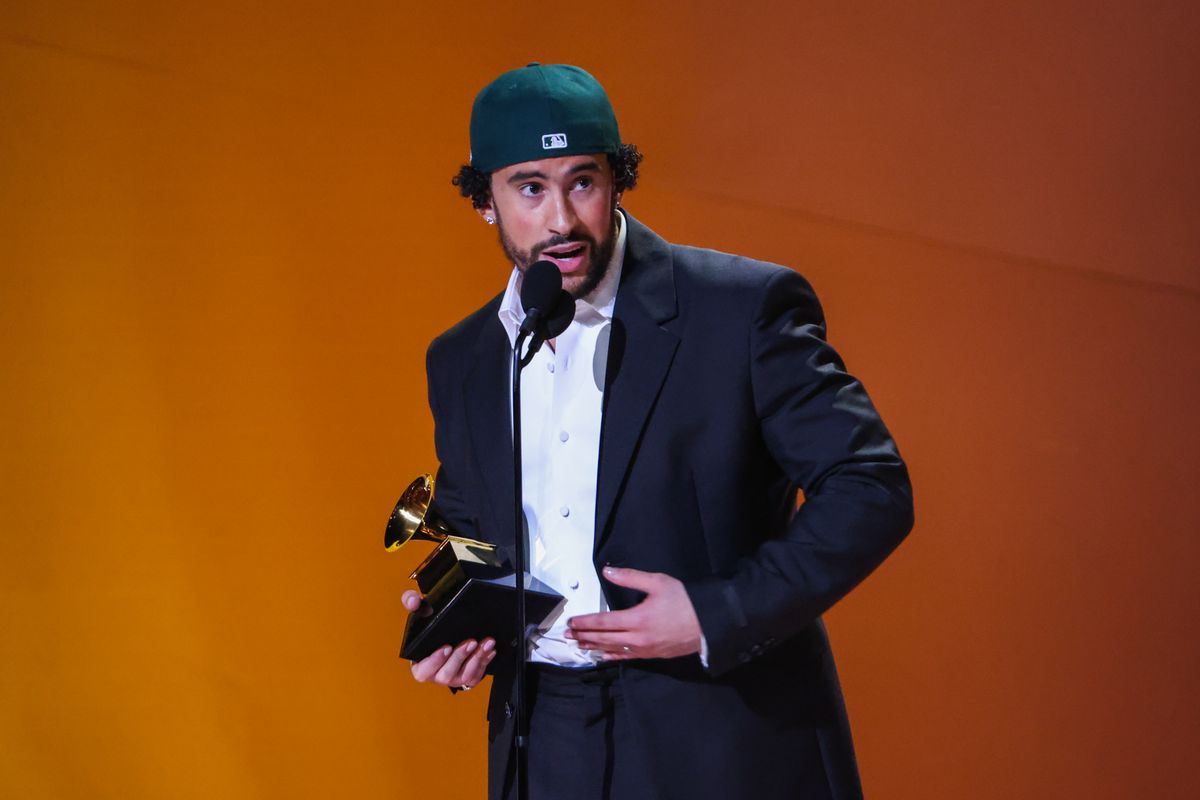 Bad Bunny accepts the award for musica urbana album at the 65th Grammy Awards, held at the Crytpo.com Arena on February 5, 2023. -- (Photo by Robert Gauthier / Los Angeles Times via Getty Images)