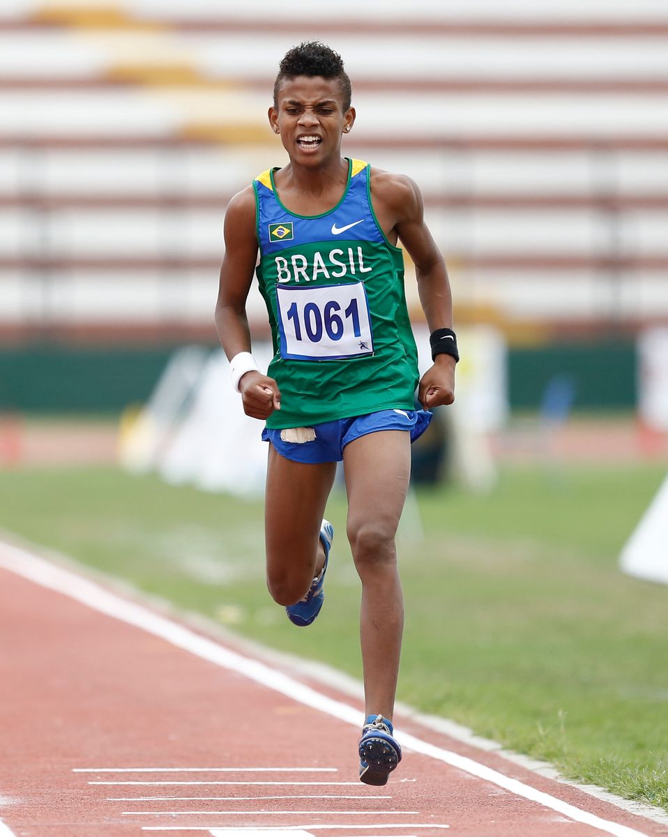 Daniel Do Nascimento of Brazil celebrates after winning the Men's 3000 m final as part of the I ODESUR South American Youth Games