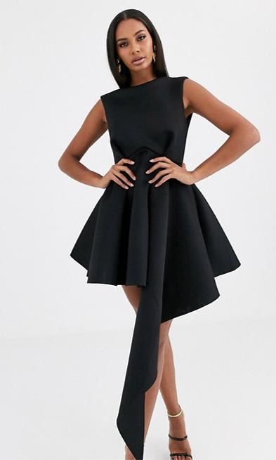 High Neck Mini Skater Dress With Asymmetric Hem