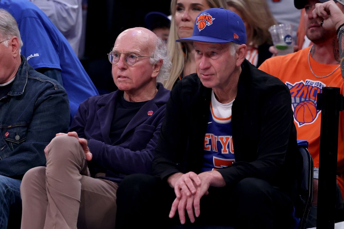 Larry David and John McEnroe attend Game Four of the 2026 NBA Finals between the San Antonio Spurs and the New York Knicks at Madison Square Garden on June 10, 2026.
