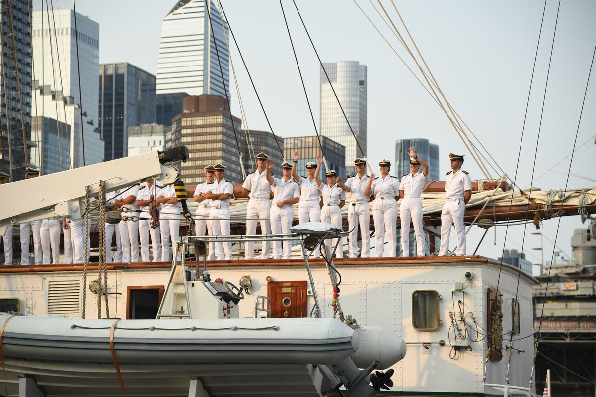 NEW YORK, NEW YORK - JUNE 04: Princess Leonor of Spain arrives on board the Spanish Navy training ship Juan Sebastian de Elcano on June 04, 2025 in New York City. (Photo by Noam Galai/Getty Images)