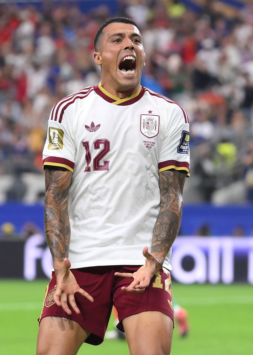 Pedro Porro #12 of Spain celebrates scoring his team's second goal during the FIFA World Cup 2026 Semi Final match