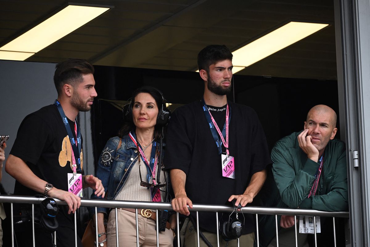 Zinedine Zidane, his wife Véronique, and sons Theo and Luca watch the Monaco Grand Prix from a balcony in May 2022.