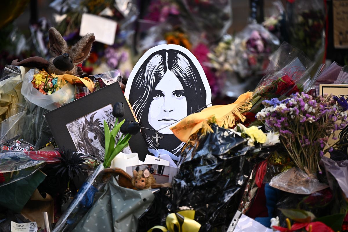 Tributes are left prior Ozzy Osbourne's funeral cortege is set to travel through his home city of Birmingham on July 30, 2025 in Birmingham, England. 