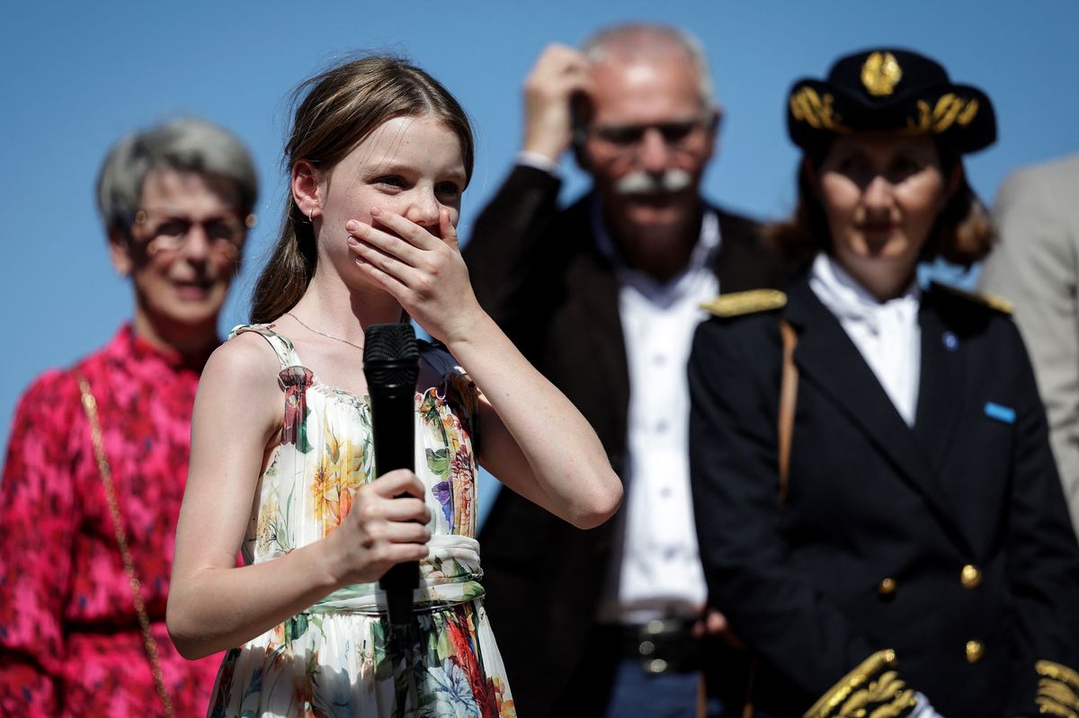 Princess Gabriella of Monaco, Countess of Carladez, blows a kiss at the crowd as part of a visit to Carladez, a former possession of the Principality of Monaco, in Mur-de-Barrez, southern France on July 9, 2025. (Photo by Valentine CHAPUIS / AFP) / NO TABLOIDS WEB & PRINT, NO DAILY MAIL, NO DAILY MAIL GROUP, NO VOICI, NO CLOSER (Photo by VALENTINE CHAPUIS/AFP via Getty Images)          