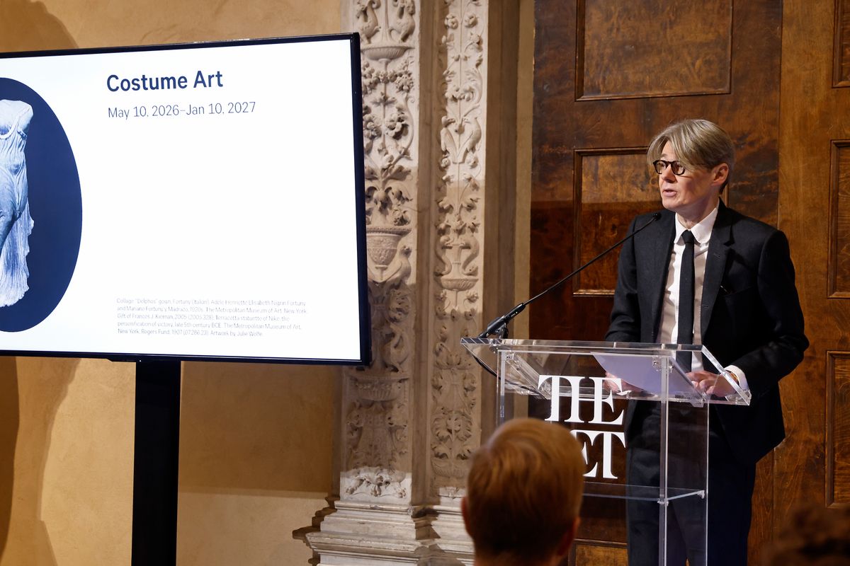 Andrew Bolton speaks during the press announcement for the 2026 Costume Institute exhibition "Costume Art" at Metropolitan Museum of Art.