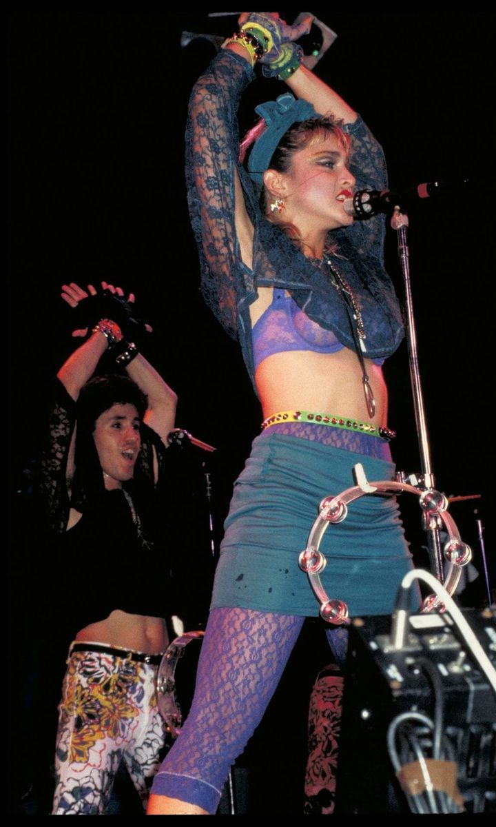 Madonna on stage for her 1985 Virgin Tour.