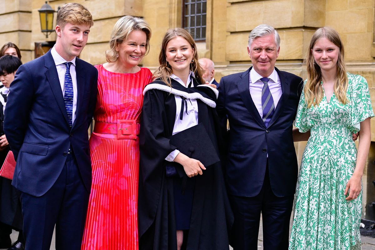 Prince Emmanuel, Queen Mathilde of Belgium, Crown Princess Elisabeth, King Philippe - Filip of Belgium and Princess Eleonore pictured at the graduation ceremony of the university of Oxford, at the Sheldonian Theatre in Oxford, United Kingdom, Tuesday 23 July 2024. The Crown Princess officially completed her three-year undergraduate degree in History and Politics at Lincoln College of the University of Oxford. BELGA PHOTO LAURIE DIEFFEMBACQ (Photo by LAURIE DIEFFEMBACQ / BELGA MAG / Belga via AFP) (Photo by LAURIE DIEFFEMBACQ/BELGA MAG/AFP via Getty Images)