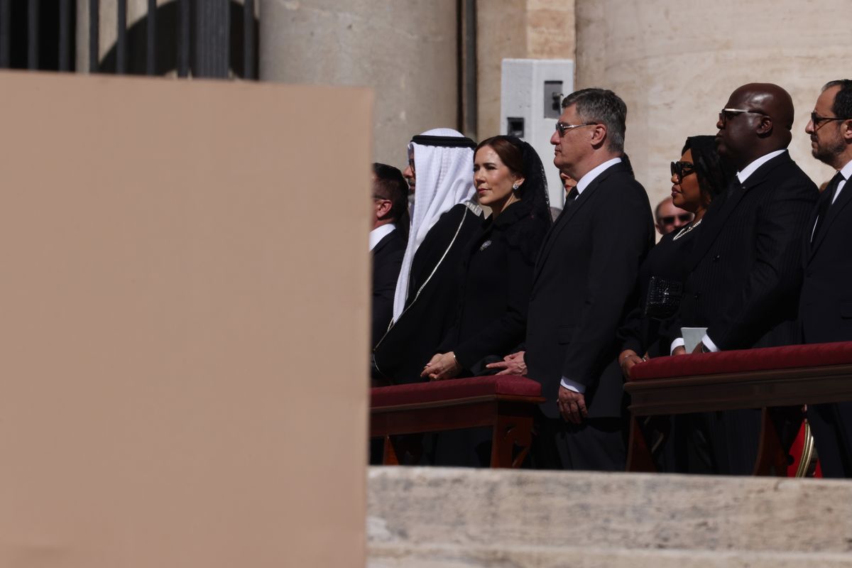 His Highness Abu Dhabi's Crown Prince and President of the United Arab Emirates, Sheikh Khaled Bin Mohammed Bin Zayed Al Nahyan, and Queen Mary of Denmark attend the funeral of Pope Francis.