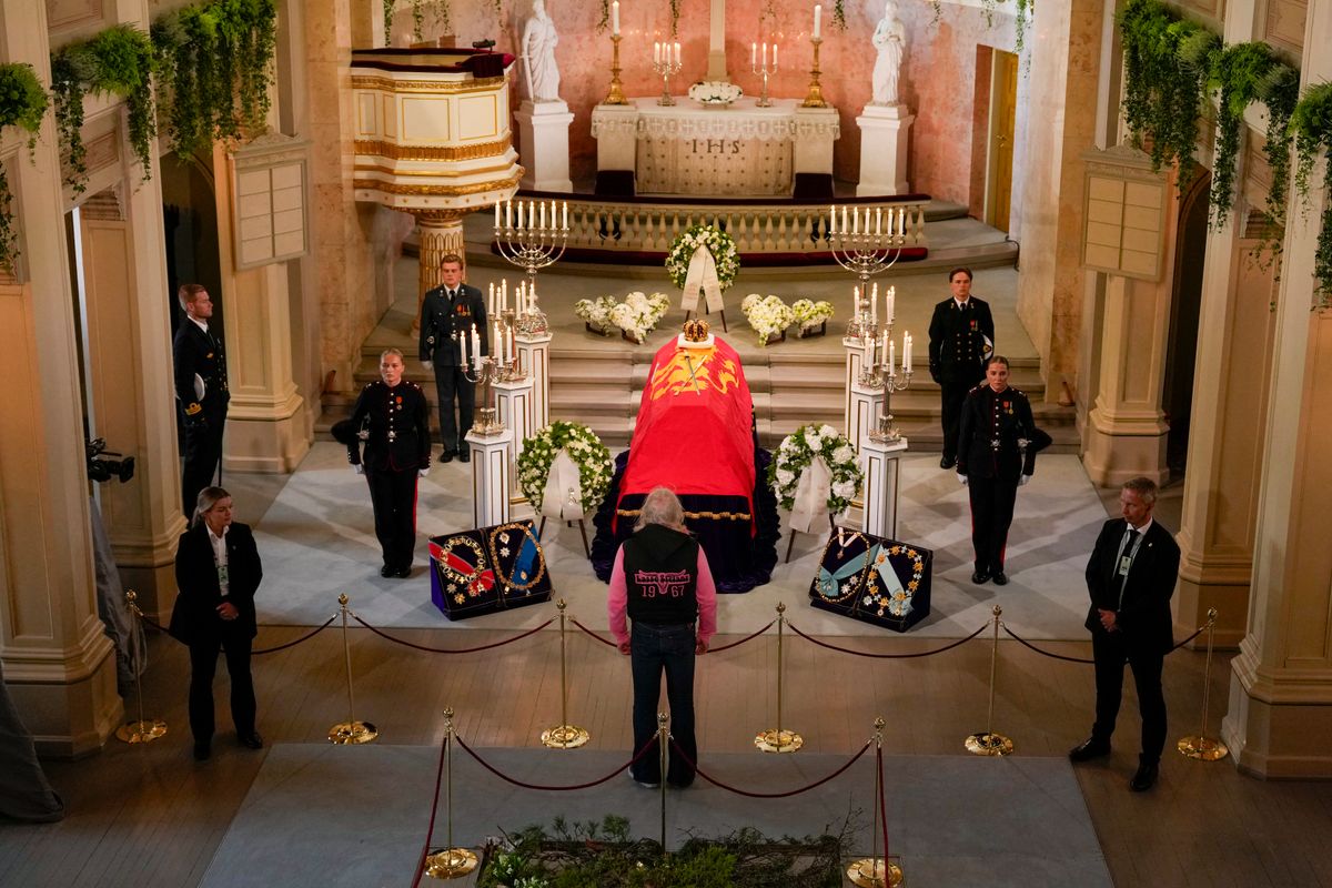 The casket of King Harald V of Norway, draped in Norway's royal standard and with the royal regalia resting on top on September 1, 2026
