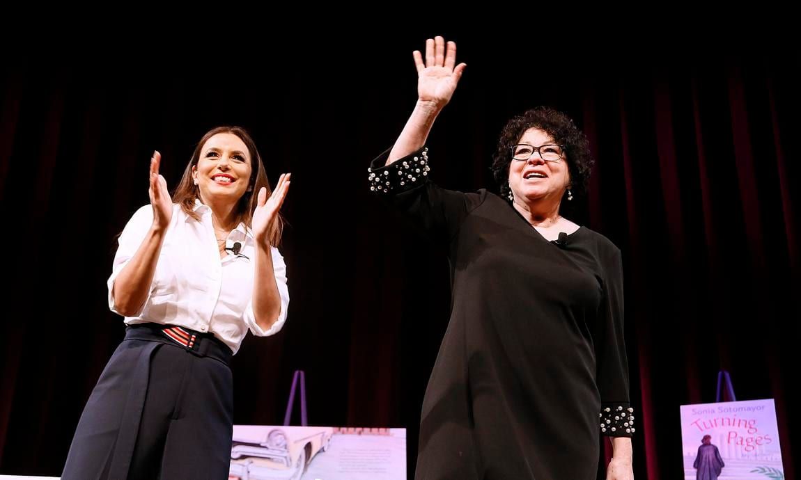 Supreme Court Justice Sonia Sotomayor (R) on stage with Eva Longoria (L) to promote Sotomayor's new book "Turning Pages: My Life Story"