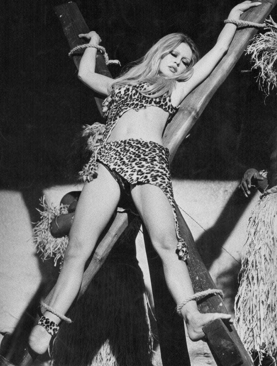 Actress Brigitte Bardot wearing a leopard print costume, in a scene from the movie 'Rum Boulevard', or 'Rum Runners', Almeria, Spain, December 7th 1970.