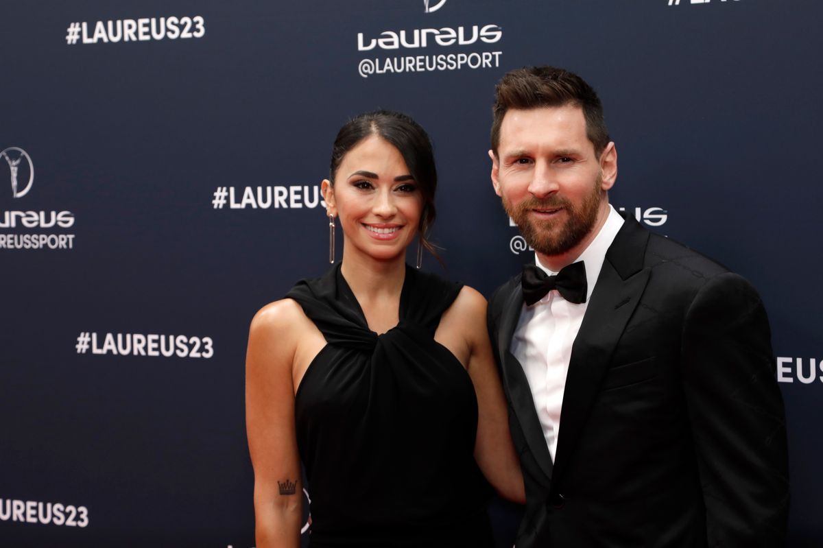 Antolena Roccuzzo and Lionel Messi at the 2023 Laureus World Sports Awards