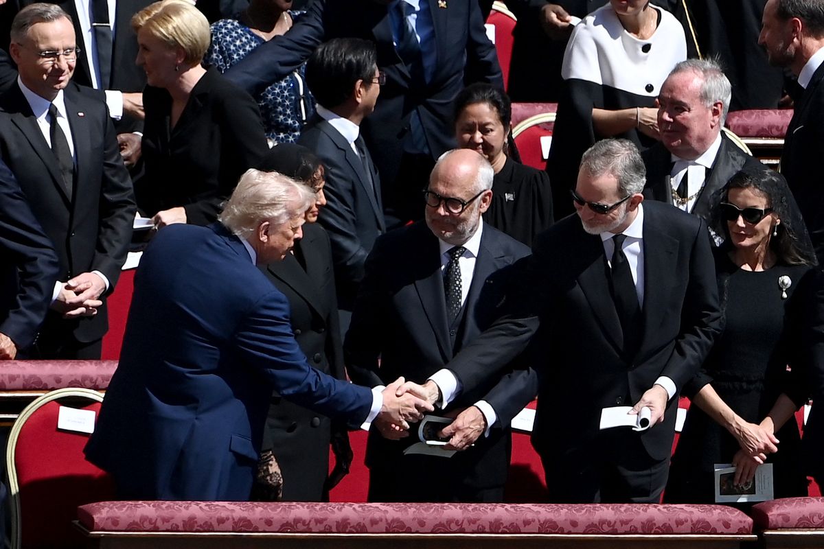 (1st ROW - L TO R) US President Donald Trump and his wife Melania Trump shake hands with Estonia's President Alar Karis and Spain's King Felipe VI and his wife Spain's Queen Letizia, next to (2nd ROW - L TO R) Poland's President Andrzej Duda, Philippines' President Ferdinand Marcos Jr (L4) and First Lady Liza Araneta Marcos during late Pope Francis' funeral ceremony at St Peter's Square in The Vatican on April 26, 2025. 