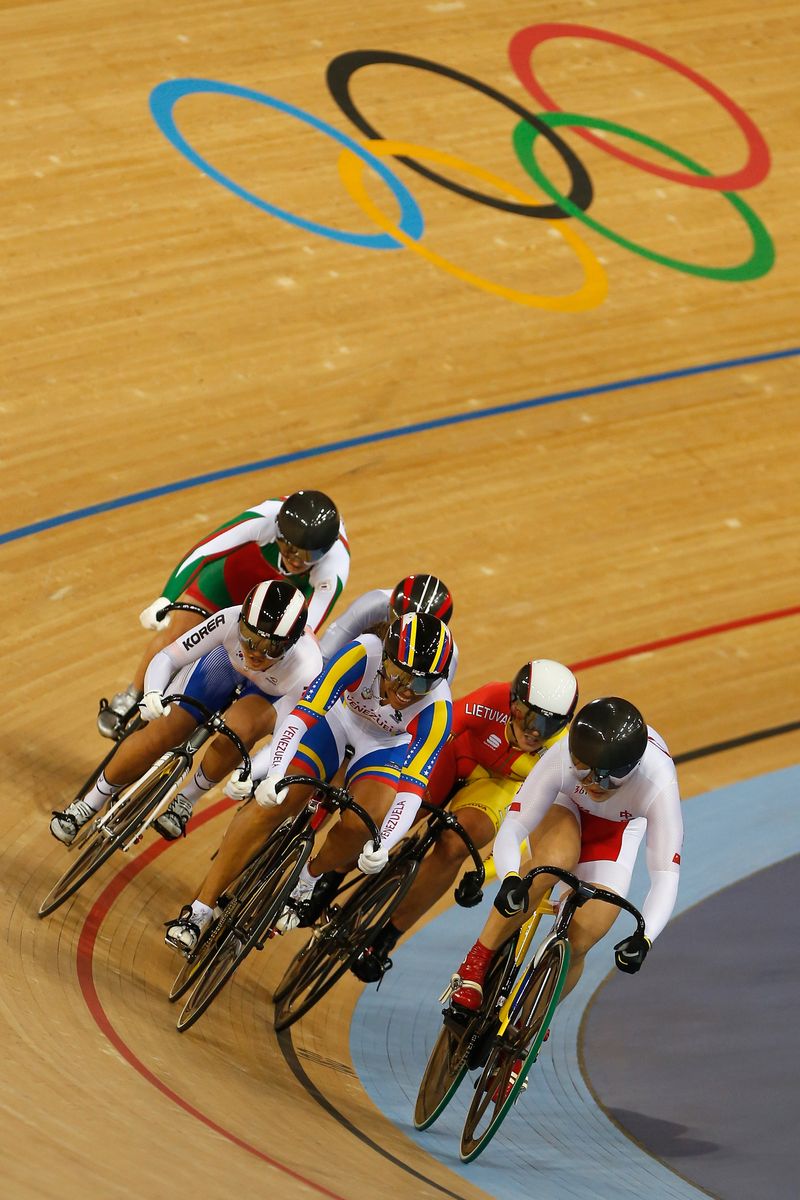  Hyejin Lee of Korea, Shuang Guo of China, Daniela Larreal Chirinos of Venezuela, Wai Sze Lee of Hong Kong, China, Simona Krupeckaite of Lithuania and Olga Panarina of Belarus compete in the Women's Keirin Track Cycling qualifying on Day 7 of the London 2012 Olympic Games at Velodrome on August 3, 2012 in London, England.  (Photo by Jamie Squire/Getty Images)