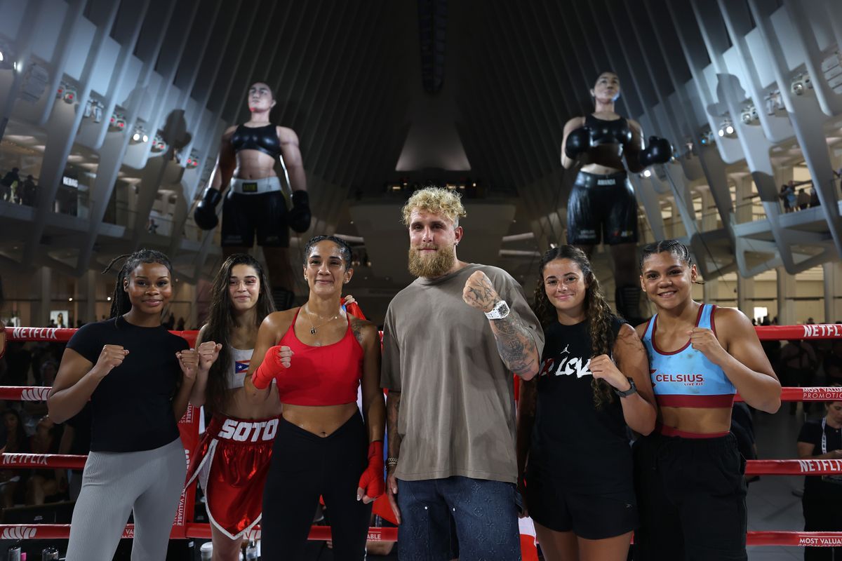 Amanda Serrano and Jake Paul attend the Open Workout at The Oculus at Westfield World Trade Center ahead of Netflix's Katie Taylor vs Amanda Serrano 3 fight on July 11 at Madison Square Garden on July 08, 2025 in New York City. (Photo by Sarah Stier/Getty Images for Netflix)