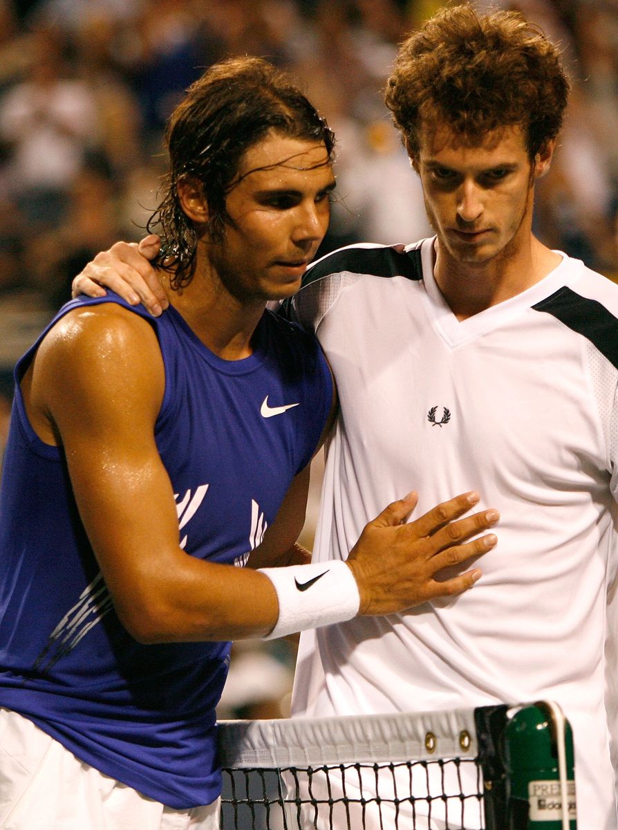 Nadal hugs Murray after defeating him during the Rogers Cup in 2008