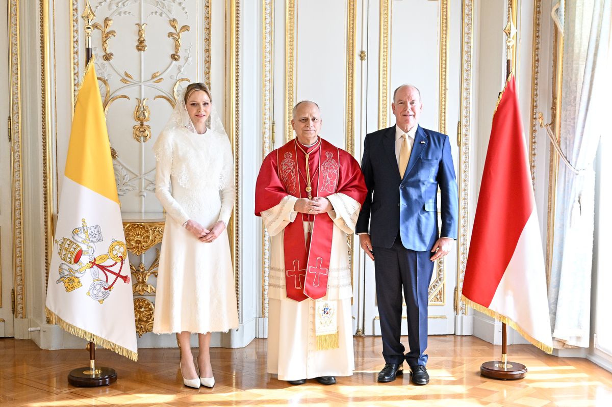 Princess Charlene of Monaco, Pope Leo XIV and Prince Albert II of Monaco during the Pope Leo XIV visit to Monaco on March 28, 2026 in Monaco, Monaco.