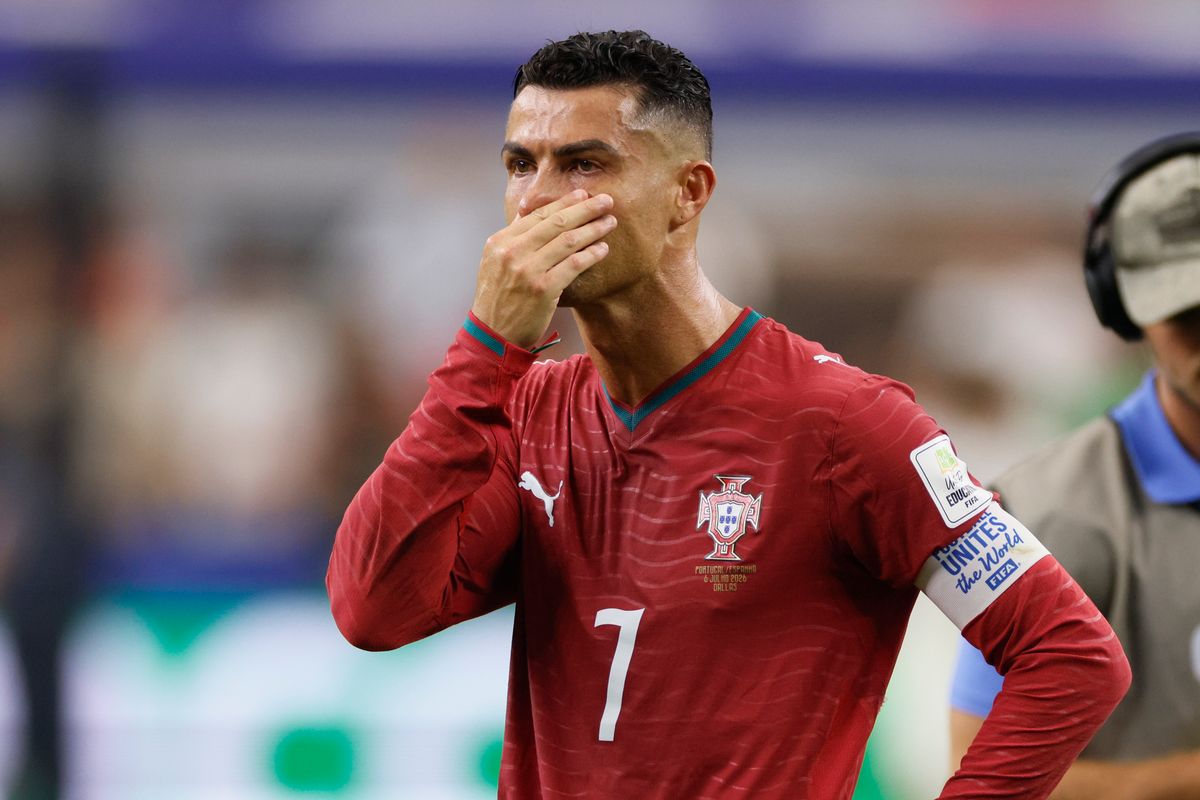 Cristiano Ronaldo of Portugal looks dejected after the FIFA World Cup 2026 Round Of 16 match between Portugal and Spain at Dallas Stadium on July 6, 2026 in Arlington, United States.