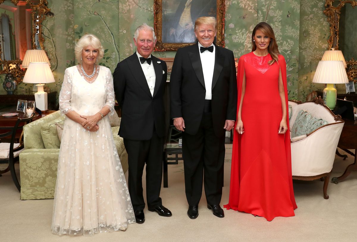 LONDON, ENGLAND - JUNE 04: US President Donald Trump and First Lady Melania Trump host a dinner at Winfield House for Prince Charles, Prince of Wales and Camilla, Duchess of Cornwall, during their state visit on June 04, 2019 in London, England. President Trump's three-day state visit began with lunch with the Queen, followed by a State Banquet at Buckingham Palace, whilst today he attended business meetings with the Prime Minister and the Duke of York, before traveling to Portsmouth to mark the 75th anniversary of the D-Day landings. (Photo by Chris Jackson - WPA Pool/Getty Images)