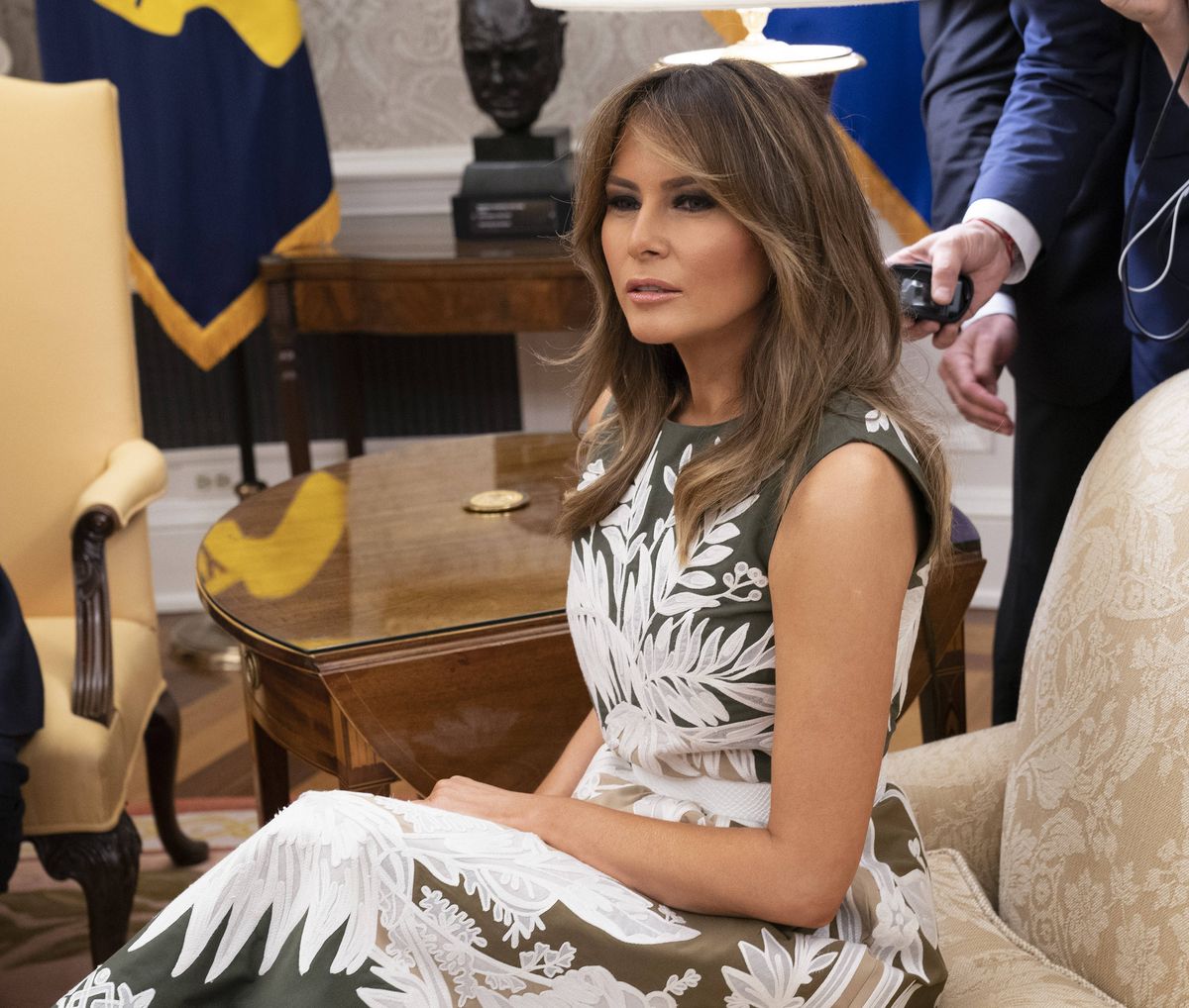 Melania's look was refined and restrained, carefully calibrated for diplomacy rather than spectacle