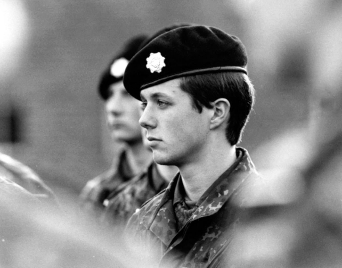 A young Crown Prince Frederik pictured during his military training in Hillerød, Denmark, in 1986, marking the beginning of his decades-long connection to the Danish Armed Forces.