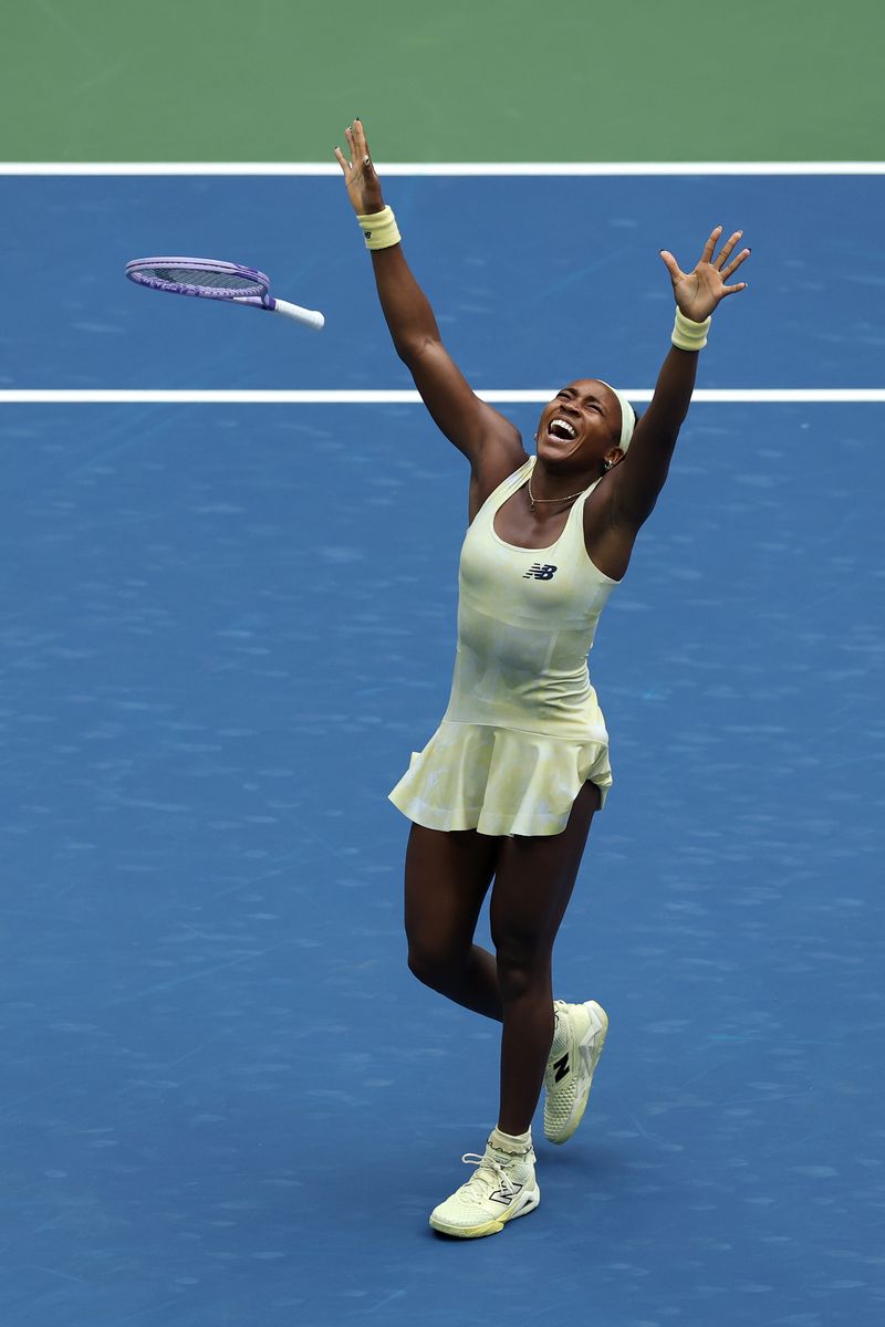 Coco Gauff of the United States celebrates after defeating Mirra Andreeva