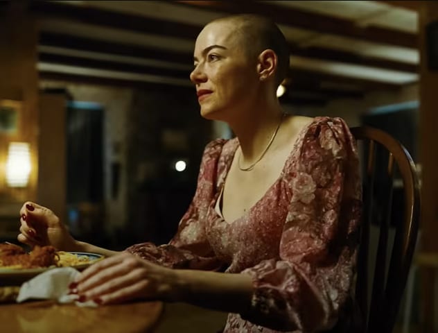 Stone shaved her head for the film, keeping the look change a secret from the audience