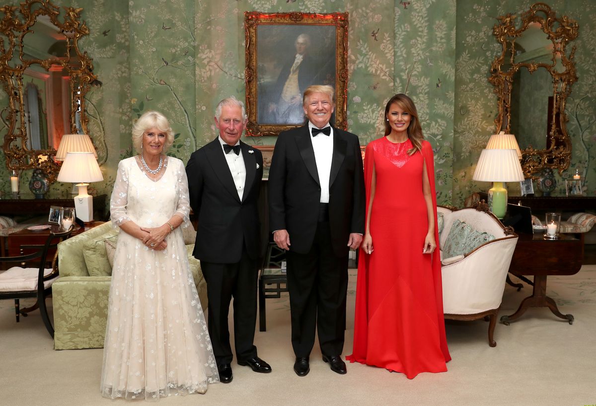 LONDON, ENGLAND - JUNE 04: US President Donald Trump and First Lady Melania Trump host a dinner at Winfield House for Prince Charles, Prince of Wales and Camilla, Duchess of Cornwall, during their state visit on June 04, 2019 in London, England. President Trump's three-day state visit began with lunch with the Queen, followed by a State Banquet at Buckingham Palace, whilst today he attended business meetings with the Prime Minister and the Duke of York, before traveling to Portsmouth to mark the 75th anniversary of the D-Day landings. (Photo by Chris Jackson - WPA Pool/Getty Images)