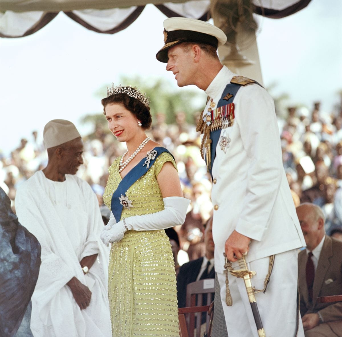Queen Elizabeth II with her husband Prince Philip, the Duke of Edinburgh, pictured at a durbar at Bo, Sierra Leone, November 1961. 