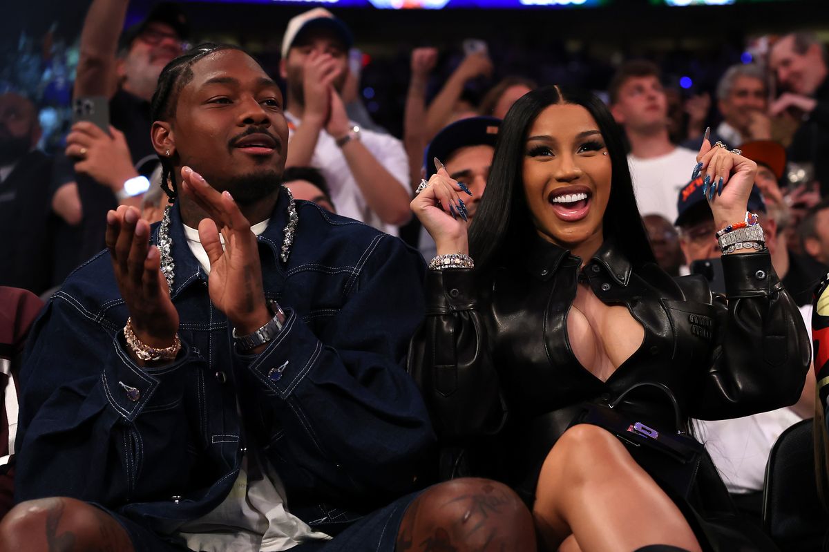 (L-R) NFL Player Stefon Diggs and rapper Cardi B sits court-side during the first quarter in Game Four of the Eastern Conference Second Round NBA Playoffs between the Boston Celtics and the New York Knicks at Madison Square Garden on May 12, 2025 in New York City. NOTE TO USER: User expressly acknowledges and agrees that, by downloading and or using this photograph, User is consenting to the terms and conditions of the Getty Images License Agreement. (Photo by Elsa/Getty Images)
