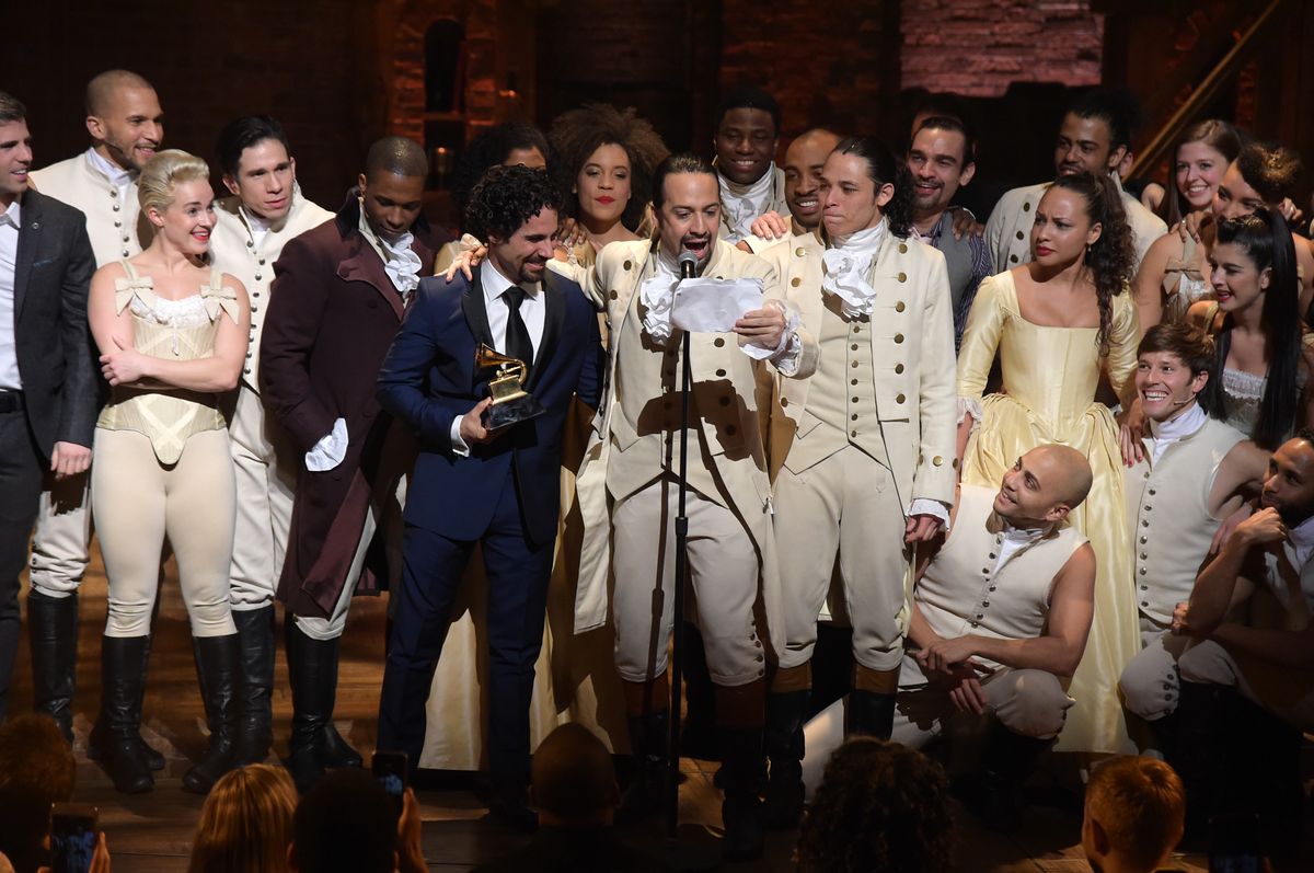 NEW YORK, NY - FEBRUARY 15:  Music director Alex Lacamoire and Actor, composer Lin-Manuel Miranda celebrate on stage during "Hamilton" GRAMMY performance for The 58th GRAMMY Awards at Richard Rodgers Theater on February 15, 2016 in New York City.  (Photo by Theo Wargo/WireImage)
