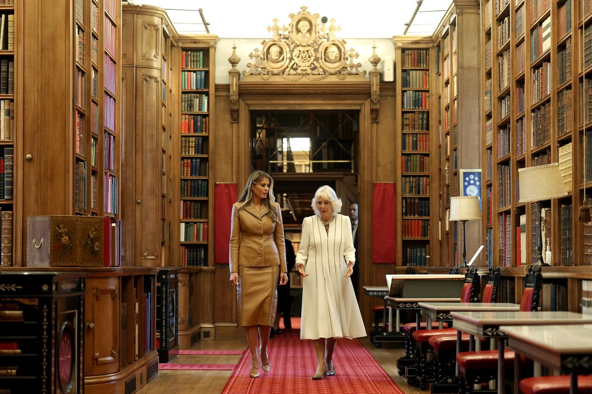 Melania toured Queen Mary’s Dolls’ House and the Royal Library alongside Queen Camilla. 