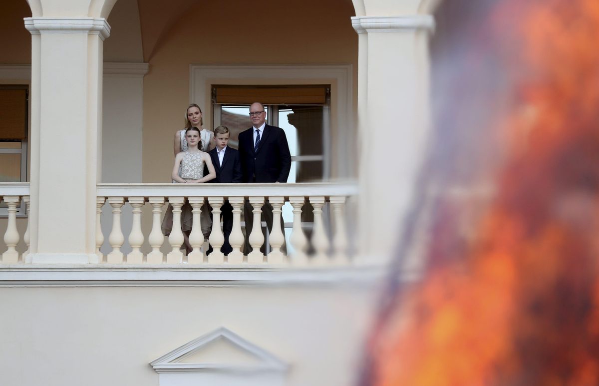 Prince Albert II, Princess Charlene, Crown Prince Jacques, and Princess Gabriella appeared on the Prince's Palace balcony during the festivities.