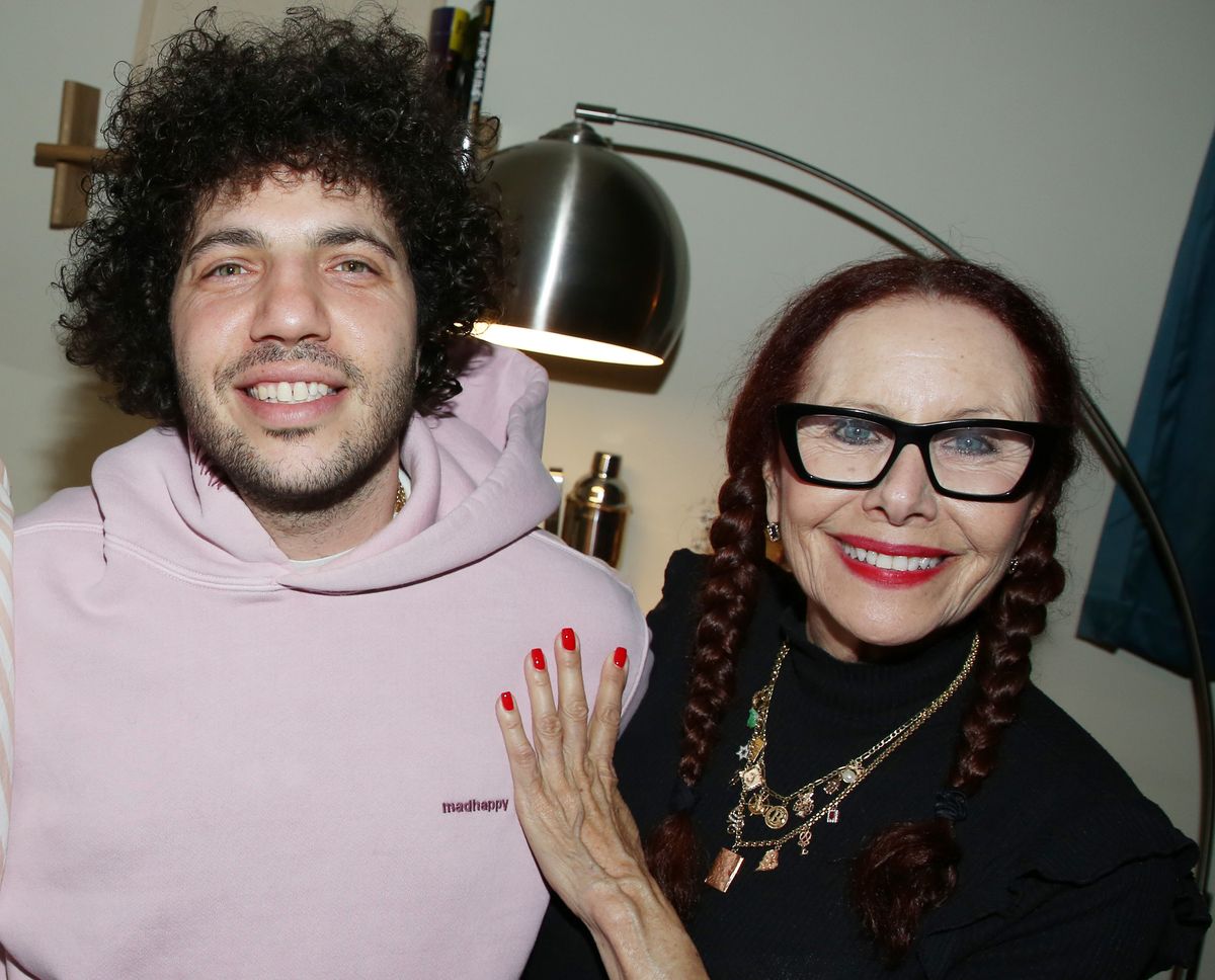 NEW YORK, NEW YORK - APRIL 19: Benny Blanco and mom Sandra Beth Levin pose backstage at the new play "The Picture of Dorian Gray" on Broadway at The Music Box Theatre on April 19, 2025 in New York City. (Photo by Bruce Glikas/WireImage)