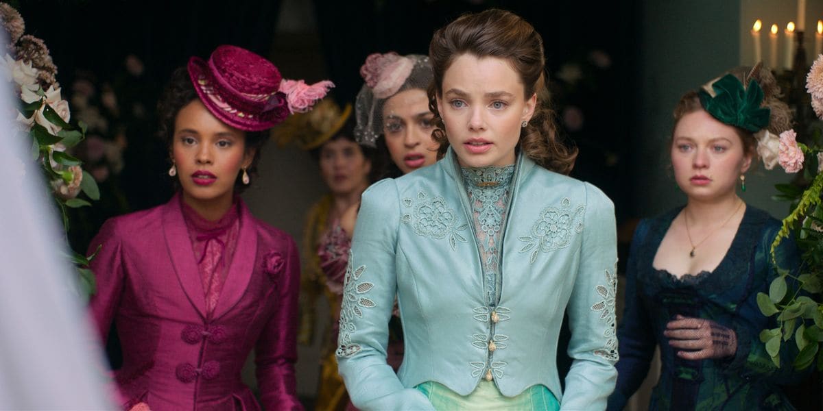 Alisha Boe, Josie Totah, Kristine Frøseth and Mia Threapleton in "The Buccaneers," now streaming on Apple TV+.